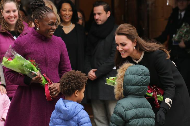 Catherine, Duchess of Cambridge (R) and New York City Mayor Bill de Blasio's wife Chirlane McCray (L) greet guests at Northside Center for Child Development<br/>